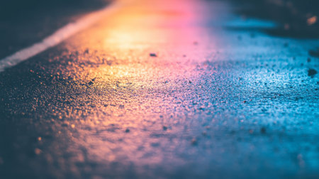 A captivating close-up of a wet street at night, showcasing vibrant reflections of colorful lights. The smooth texture and glowing ambiance create a tranquil urban scene.の素材