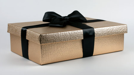 This elegant gold gift box features a sleek black ribbon bow, perfect for any occasion. Its shiny texture adds a touch of luxury to celebrations and events.の素材