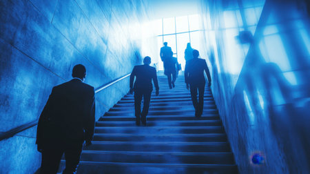A group of business professionals ascends a sleek staircase, embodying ambition and teamwork. The silhouettes cast shadows against walls, creating a strong visual impact.の素材