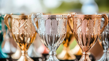 A close-up view of a collection of trophies in gold, silver, and bronze finishes, beautifully displayed. Ideal for themes of achievement and celebration.の素材