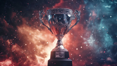 A stunning trophy stands prominently against a cosmic background, symbolizing achievement and success. The intricate design shines brightly, reflecting the spirit of competition and recognition.の素材