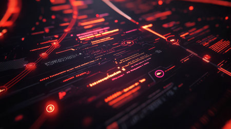 A captivating view of a futuristic digital interface featuring colorful abstract elements and intricate lines, perfect for technological and sci-fi themes.の素材