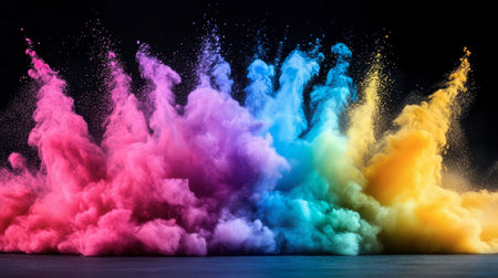 A stunning explosion of vibrant colors creates an artistic visual impact against a dark background, perfect for conveying energy and creativity.の素材