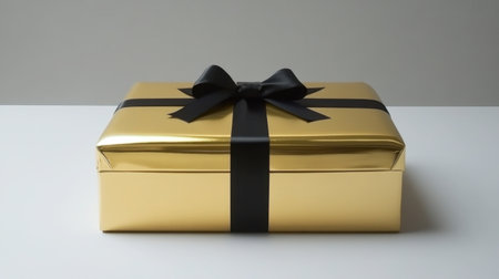 A stylish gold gift box with a sleek black ribbon, perfect for any celebration. Ideal for special occasions, this elegant packaging adds charm to your gift.の素材