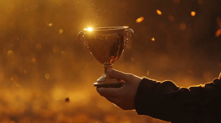 A hand holding a golden trophy against a glowing sunset backdrop, symbolizing achievement and victory. The warm light creates a joyful and inspirational atmosphere.の素材