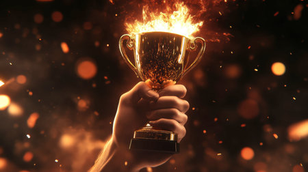 Dynamic image of a hand holding a fiery trophy aloft, symbolizing victory and achievement. Sparks surround the cup, creating an energetic atmosphere.の素材