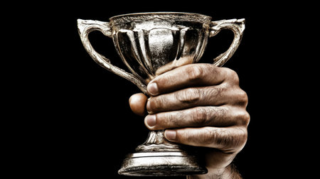 A close-up of a hand holding a golden trophy, symbolizing success and achievement. The image embodies victory, recognition, and the spirit of competition.の素材