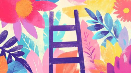 A vibrant illustration featuring a ladder surrounded by colorful flowers and leaves, perfect for conveying themes of growth, nature, and creativity.の素材