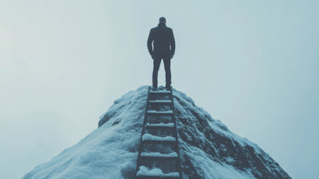 A lone man stands atop a snowy mountain peak with a ladder, symbolizing achievement and the spirit of adventure. The serene landscape evokes feelings of solitude and determination.の素材