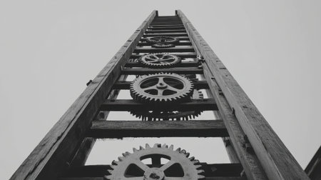 A striking black and white image of a wooden ladder adorned with vintage gears, creating an intriguing perspective that highlights industrial design and rustic charm.の素材