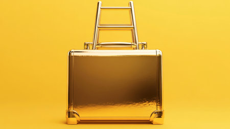 A stunning golden briefcase with a ladder against a vibrant yellow backdrop. Perfect for representing luxury, creativity, and professional tools in design projects.の素材