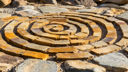 A captivating stone spiral pathway creates a serene focal point in a natural landscape, inviting tranquility and meditation amidst earthy textures and patterns.の素材