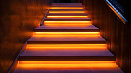 A beautifully illuminated modern staircase featuring warm light accents. This design creates an inviting atmosphere, enhancing any interior space with elegance and style.の素材