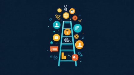 This illustration features a creative ladder concept, symbolizing business growth and development. Various icons represent technology, communication, and teamwork for success.の素材