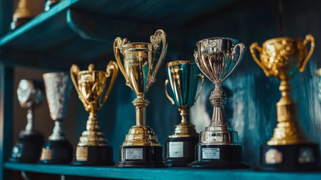 A captivating display of various trophies showcasing triumph and success. The elegant design and gleaming metal highlight achievements in sports and competitions.の素材