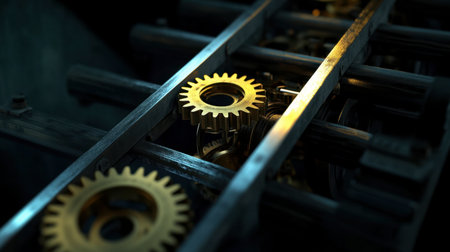 Close-up view of golden gears on machinery tracks, showcasing the intricate design and mechanics of an industrial setting. Perfect for technology themes.の素材