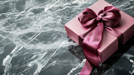 A stylish pink gift box adorned with a rich ribbon, resting on an elegant marble surface. Perfect for various celebrations and gifting occasions.の素材
