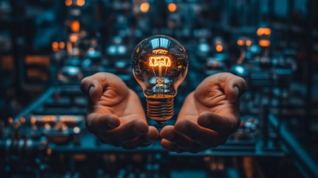 A glowing light bulb held delicately in hands symbolizes innovation and creativity against an industrial background. Ideal for themes of technology and inspiration.の素材