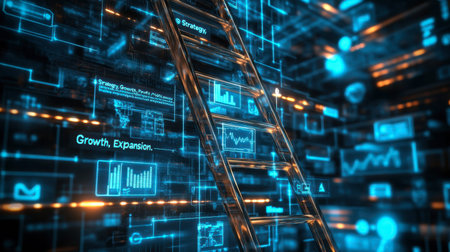 A futuristic scene showcasing a ladder amidst glowing data visualizations, symbolizing growth and strategic planning in a technology-driven environment.の素材