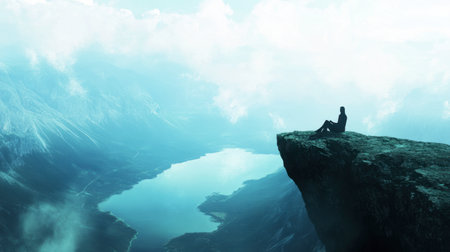 A solitary figure sits on a cliff edge, gazing at a tranquil lake surrounded by mountains and clouds. A serene scene evoking peace and contemplation.の素材