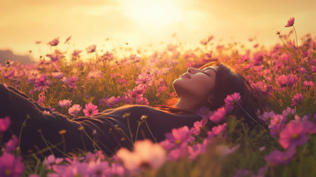 A serene scene of a woman lying in a vibrant field of flowers, basking in the warm glow of the sunset, celebrating beauty and tranquility in nature.の素材