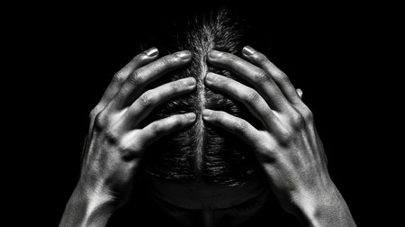 A striking black and white image capturing the intense emotional struggle of a person, emphasizing feelings of anxiety and despair through hands gripping the head.の素材