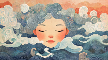 This artistic illustration features a serene woman floating among colorful waves and clouds, embodying tranquility and beauty in a whimsical style.の素材