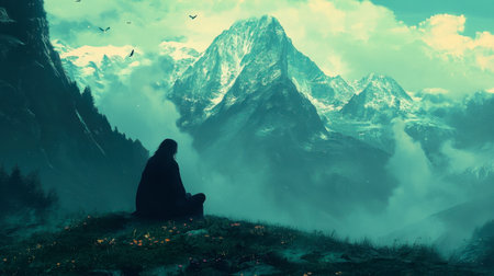 A serene silhouette of a person sitting peacefully in front of majestic mountains, surrounded by clouds and a tranquil atmosphere, embodying the beauty of solitude in nature.の素材