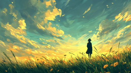 A serene silhouette stands in a vibrant sunset over a field, showcasing a stunning blend of warm colors, clouds, and natural beauty. Perfect for themes of tranquility and freedom.の素材