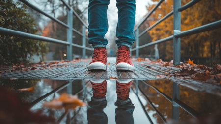 A pair of bright red sneakers stands on a wooden pathway, reflecting in puddles with autumn foliage in the background. Perfect for lifestyle and nature themes.の素材