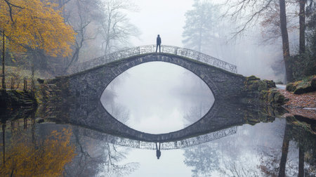A solitary figure stands on a misty bridge, reflecting in the still water below. Surrounded by autumn foliage, this tranquil scene captures serenity and natureの素材