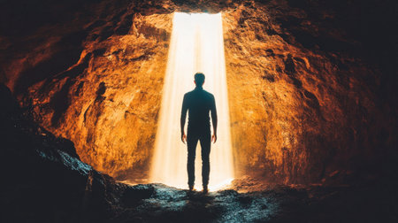A solitary figure stands in a cave, illuminated by a bright beam of light, symbolizing exploration and tranquility in nature's embrace. Perfect for themes of adventure and discovery.の素材