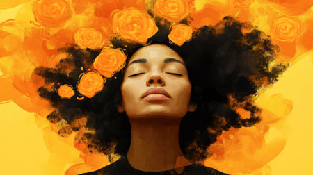 A serene portrait of a woman with vibrant hair surrounded by blooming roses. This artwork evokes feelings of beauty, tranquility, and self-expression through colorful floral elements.の素材