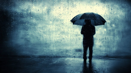A solitary figure stands under an umbrella, surrounded by rain. The moody atmosphere creates a sense of mystery and loneliness, perfect for evoking emotion.の素材