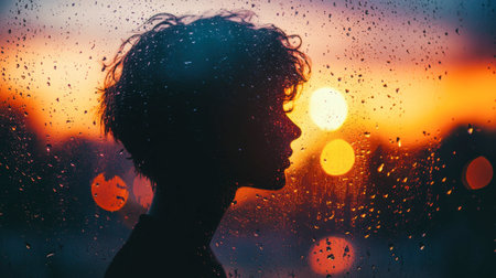 A striking silhouette of a person framed by a rainy window at sunset. Vivid colors blend beautifully, creating a serene and emotional atmosphere.の素材