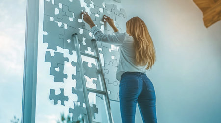 A woman stands on a ladder, assembling white puzzle pieces on a wall. The scene captures creativity, focus, and the beauty of problem-solving in an indoor setting.の素材