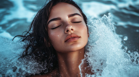 A serene portrait of a woman enjoying the refreshing ocean waves at sunset. This image captures beauty, tranquility, and the essence of nature.の素材