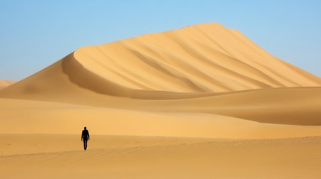 A solitary figure walks through an expansive desert landscape, surrounded by beautiful golden sand dunes under a clear blue sky, evoking a sense of peace and solitude.の素材