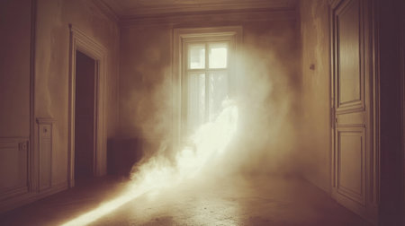 A serene image of light streaming through a dusty window in an abandoned room, creating an atmosphere of nostalgia and stillness.の素材