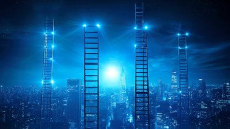 A surreal depiction of futuristic ladders against a vibrant blue night skyline, symbolizing ambition and possibilities in a technologically advanced urban environment.の素材