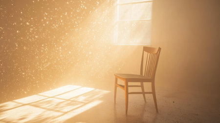 A serene interior scene featuring an empty wooden chair illuminated by warm sunlight streaming through a window, creating a tranquil atmosphere.の素材