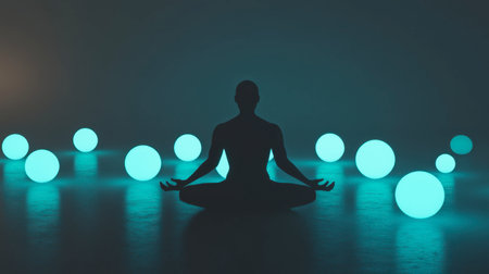 A tranquil scene showcasing a meditating silhouette surrounded by glowing orbs in a dark environment. Perfect for themes of relaxation, mindfulness, and wellness.の素材