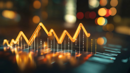This image depicts a dynamic finance chart with vibrant colors and a blurred background, illustrating trends and fluctuations in data analytics, perfect for business visuals.の素材