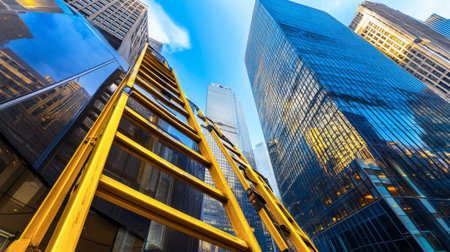 A vibrant yellow ladder is positioned against tall modern skyscrapers in a bustling city, capturing the essence of urban architecture and construction life.の素材