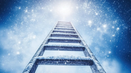 A captivating snowy ladder reaches towards a bright sky filled with light, evoking feelings of hope and exploration in a serene winter setting.の素材