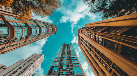 A stunning view looking up at modern skyscrapers showcasing sleek architectural designs against a vibrant blue sky with fluffy clouds.の素材