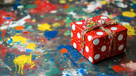 A vibrant red gift box with polka dots sits on a colorful, artistic background, perfect for celebrating special occasions and conveying joy.の素材