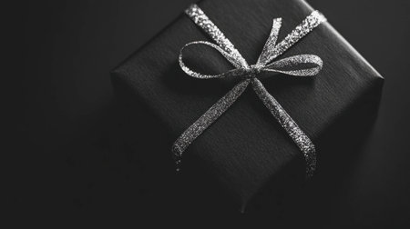 A stylish black gift box adorned with a shimmering silver ribbon, perfect for celebrations and special occasions, showcasing minimalist elegance and charm.の素材