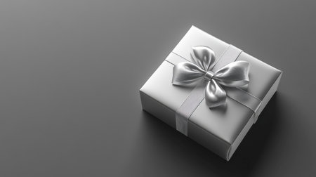This beautiful silver gift box with a delicate bow is set against a smooth gray background, creating an elegant and minimalist aesthetic perfect for any special occasion.の素材