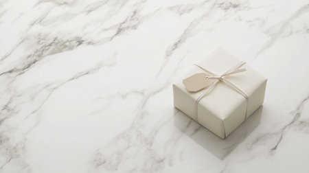 A minimalist gift box wrapped in elegant paper rests on a marble background, offering a sophisticated touch for any celebration or occasion.の素材